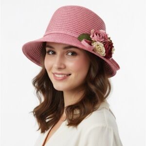 Giovannio Florence New York Pink Straw Floral Hat Spring Summer Church Derby